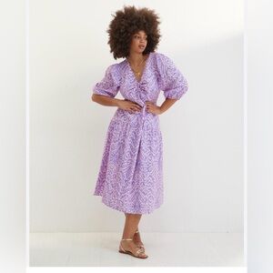 Oliver Bonas Abstract Purple Midi Dress Boho Cottagecore Puff Sleeve Tiered S